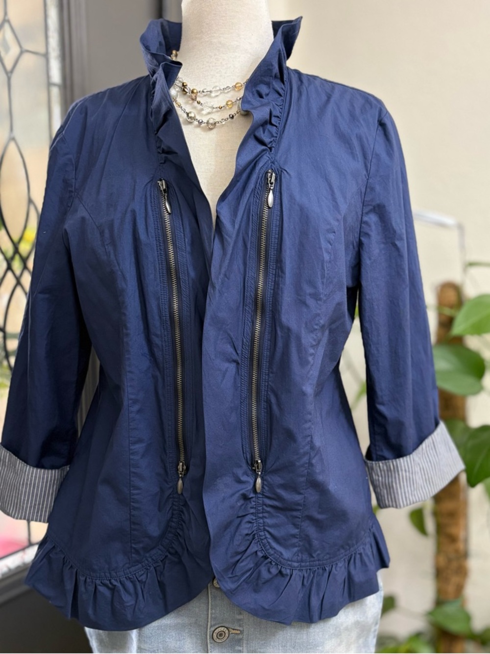 Chico's Navy Ruffle-Trim Zip Lightweight Open Front Jacket
